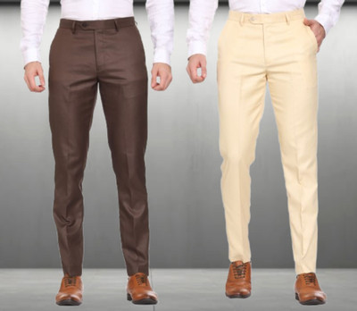 SYLZON Slim Fit Men Brown, Cream Trousers