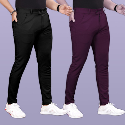 GIBBONTE Slim Fit Men Black, Maroon Trousers