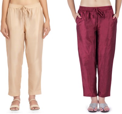 NOORI Regular Fit Women Gold, Maroon Trousers