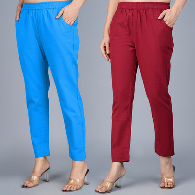 QuaClo Regular Fit Women Light Blue, Maroon Trousers