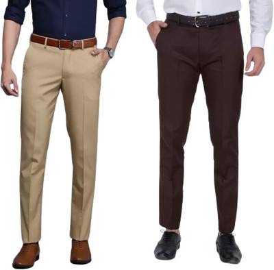 Macberrys Regular Fit Men Cream, Brown Trousers