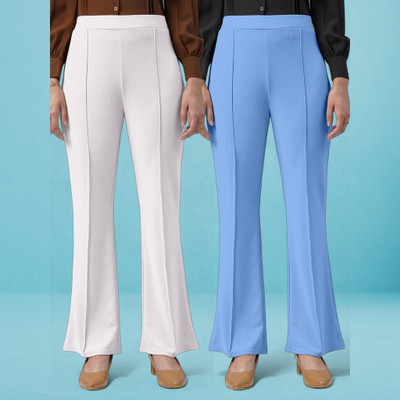 lookskky Loose Fit Women White, Light Blue Trousers