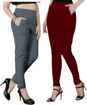 GOODZHUB Slim Fit Women Maroon, Grey Trousers