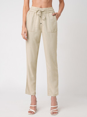 Kraus Jeans Women Oatmilk High-Rise Paper Bag Pants Comfort Fit Women Beige Trousers