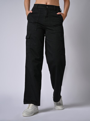 Kraus Jeans Women High-Rise Loose Straight Fit Cargo Relaxed Women Black Trousers