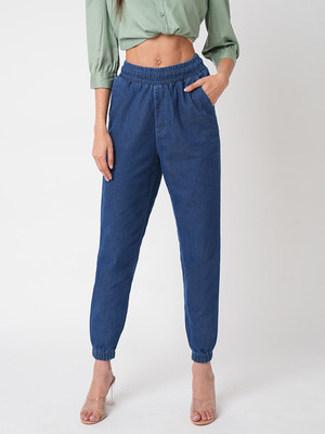 Kraus Jeans Women Blue High-Rise Denim Joggers Comfort Fit Women Blue Trousers