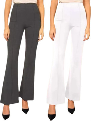 GLOWIC Flared Women Grey, White Trousers