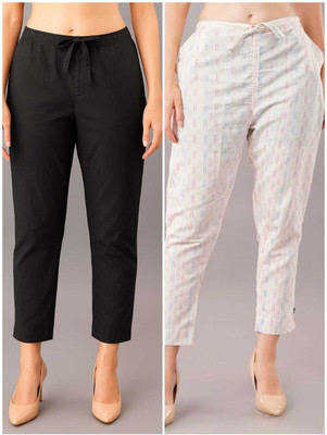 FERIHA Slim Fit Women Black, White Trousers