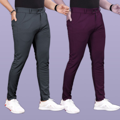 GIBBONTE Slim Fit Men Grey, Maroon Trousers
