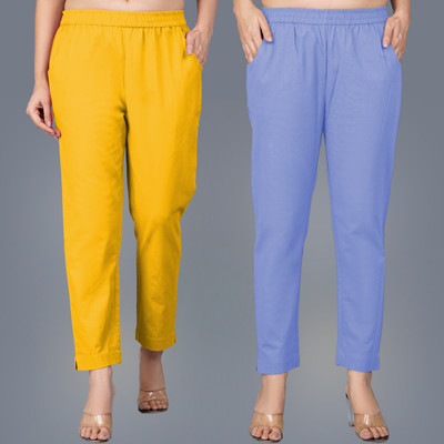 QuaClo Regular Fit Women Yellow, Light Blue Trousers