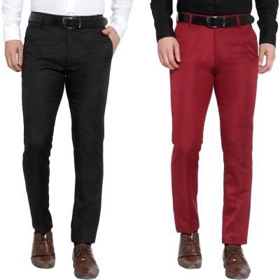 THE PS Regular Fit Men Black, Maroon Trousers