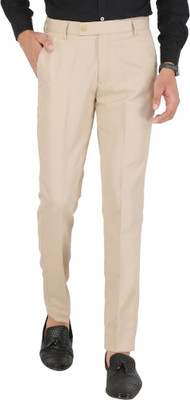 GhabaCreation Slim Fit Men Cream Trousers