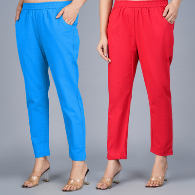 QuaClo Regular Fit Women Light Blue, Red Trousers