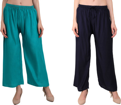 EZIA OUTFIT Flared Women Light Green, Dark Blue Trousers