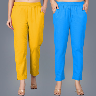 QuaClo Regular Fit Women Yellow, Light Blue Trousers