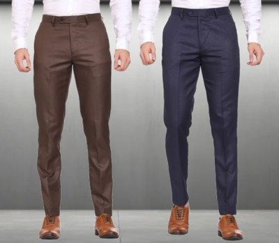 SYLZON Slim Fit Men Brown, Dark Blue Trousers