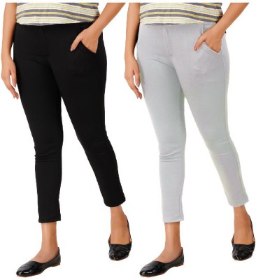 Knit Vey Slim Fit Women Black, Cream Trousers