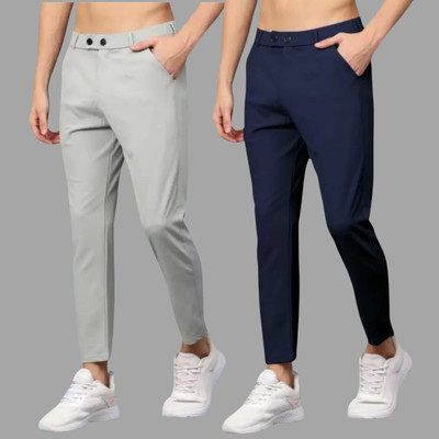 Mania Regular Fit Men Blue, Grey Trousers