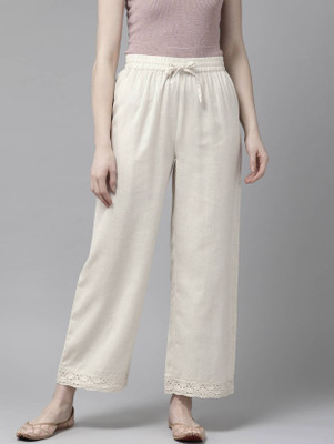 OMSHA Flared Women White Trousers