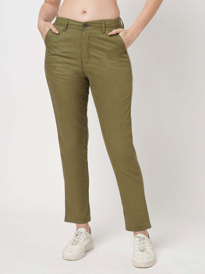 Kraus Jeans Women Light Olive Mid-Rise Slim Fit Trousers Slim Fit Women Light Green Trousers