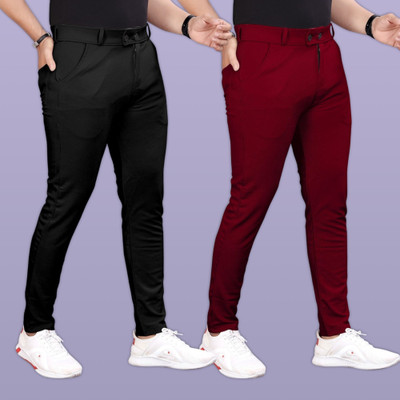 GIBBONTE Slim Fit Men Black, Maroon Trousers