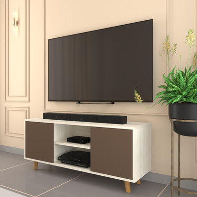 spacesbyU Brelo TV Unit with Storage | Solid Wood Legs | Engineered Wood TV Entertainment Unit(Finish Color - Acacia Light & Mocha Brown, DIY(Do-It-Yourself))