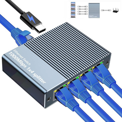 Etzin Ethernet Splitter, RJ45 Splitter 1 in 4 Out, 1000Mbps Ethernet Adapter Gigabit TV Tuner Card(LAN High Speed Internet Splitter with USB C Power Cable)