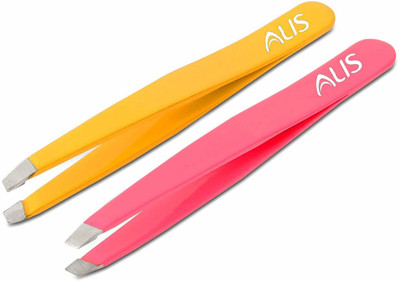 alis Slant Tip Tweezers & Eyebrow Plucker for Eyebrows & Ingrown Hair, Plucking Daily Beauty Tool (VIOLETPINK & YELLOW SET OF 2)