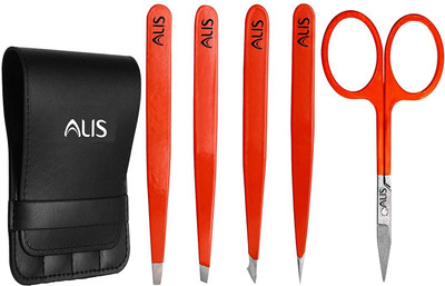 alis Professional Tweezer Set With Trimming Scissor Set Of 5 pcs (Blood Red)