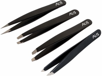 alis Professional Tweezers Set of 4 different tips For Eyebrow, Facial Hair, Ingrown Hair, Splinter, Blackhead Remover with Storage Bag