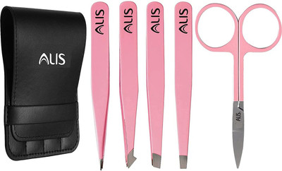 alis Tweezer Set With Scissor - Professional Stainless Steel Tweezers and Trimming Scissor for Facial Hair | Tweezers for Eyebrows Ingrown Hair Removal Scissor Best Precision Tweezers Kit With Case (PINK SET OF 5 With Scissor)