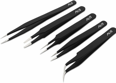 alis 5 Pcs ESD Precision Multifunction Tweezers Set, Upgraded Anti-Static Professional Tweezers Precision for Eyebrows, Women, Splinter & Ingrown Hair Removal, Electronic Repairing, Soldering & Crafting Tool Kit (Powder Coated)