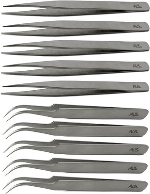 alis Set of 10 Non Magnetic ESD Safe Black Coated Tweezers - 5 Straight & 5 Curved (SS Tweezers)