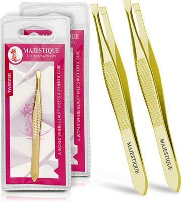 MAJESTIQUE Tweezers for Eyebrows Slant Tip - Stainless Steel Eyebrow Tweezers - Pack of 2