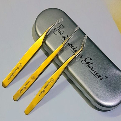 luscious glances 3 Pcs Eyelash Extension Gold Tweezers Set Volume Tweezers With Metal Storage Box