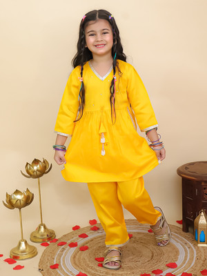 AJ Dezines Girls Festive & Party Kurta and Pyjama Set(Yellow Pack of 1)