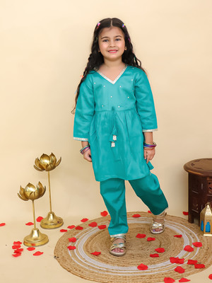 AJ Dezines Girls Festive & Party Kurta and Pyjama Set(Blue Pack of 1)