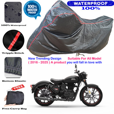 OliverX Waterproof Two Wheeler Cover for Royal Enfield(Classic 350 Signals, Black, Red)