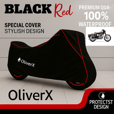 OliverX Waterproof Two Wheeler Cover for Royal Enfield(Classic Chrome, Black, Red)