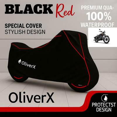 OliverX Waterproof Two Wheeler Cover for Royal Enfield(Classic Stealth Black, Black, Red)