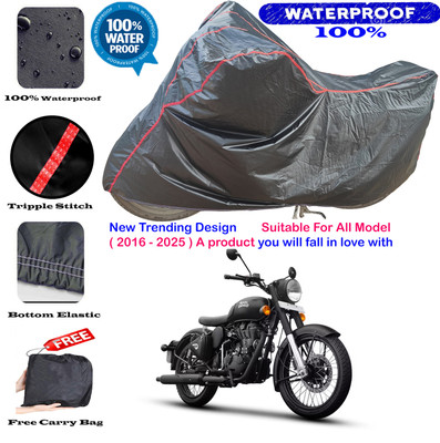 AutoGalaxy Waterproof Two Wheeler Cover for Royal Enfield(Classic Stealth Black, Black, Red)