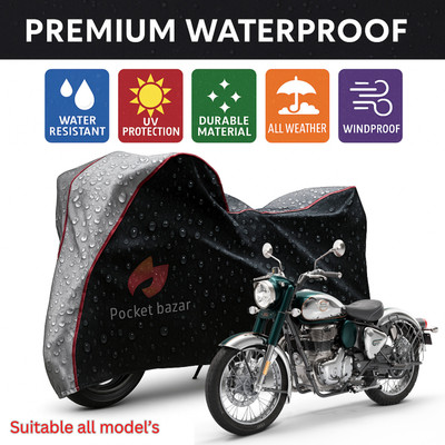 pocket bazar Waterproof Two Wheeler Cover for Royal Enfield(Bullet 350 New BS6, Black, Silver)