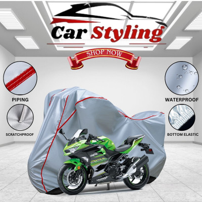 Car Styling Waterproof Two Wheeler Cover for Kawasaki(Ninja 300 BS6, Silver, Red)