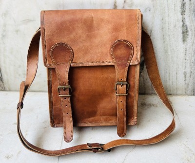 MADONA HANDICRAFT Brown Sling Bag Saddle-Stitched Leather Satchel I-pad Bag
