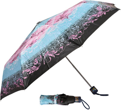 SFAB 3 Fold Printed Rain and Sun Protective Manual Open Umbrella(Blue, Black)