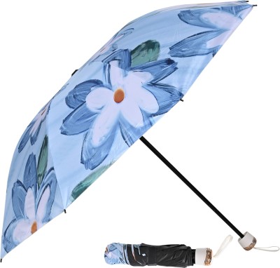 Umbrella mart 3 Fold Floral Printed Rain Sun & UV Rays Protective Black Coated Manual Open Umbrella(Blue, Multicolor)