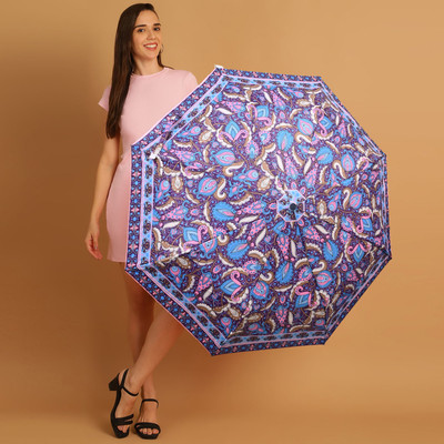 Flipkart SmartBuy 3 Fold Printed Rain and Sun Protective Button Open Umbrella(Purple, Blue)