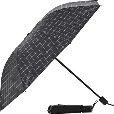 Umbrella mart 3 Fold Checkered Printed Rain Sun & UV Rays Protective Manual Open Umbrella(Black)