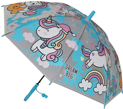KARBD Translucent Unicorn Umbrella with Whistle for Kids Automatic 1 Fold Round Handle Umbrella(Blue)