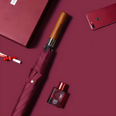 WHISKET Portable Auto Open and Close-Windproof Wooden Handle Travel Compact Umbrella Umbrella(Maroon)